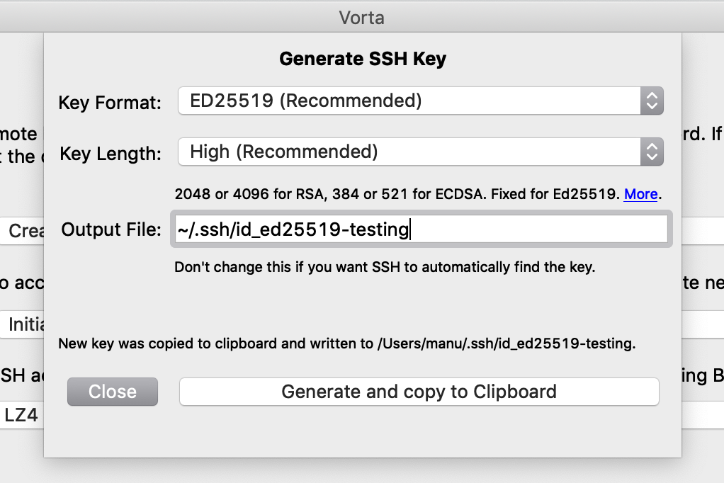 Generation of an SSH key